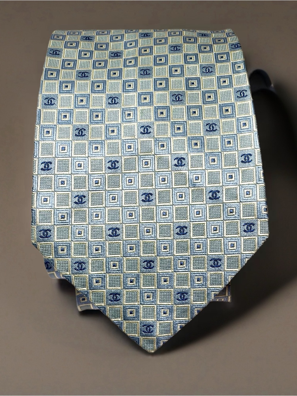 CHANEL Silk Tie, Geometric Pattern, CCs, Light Blue, Navy, Silver, 59”, EUC